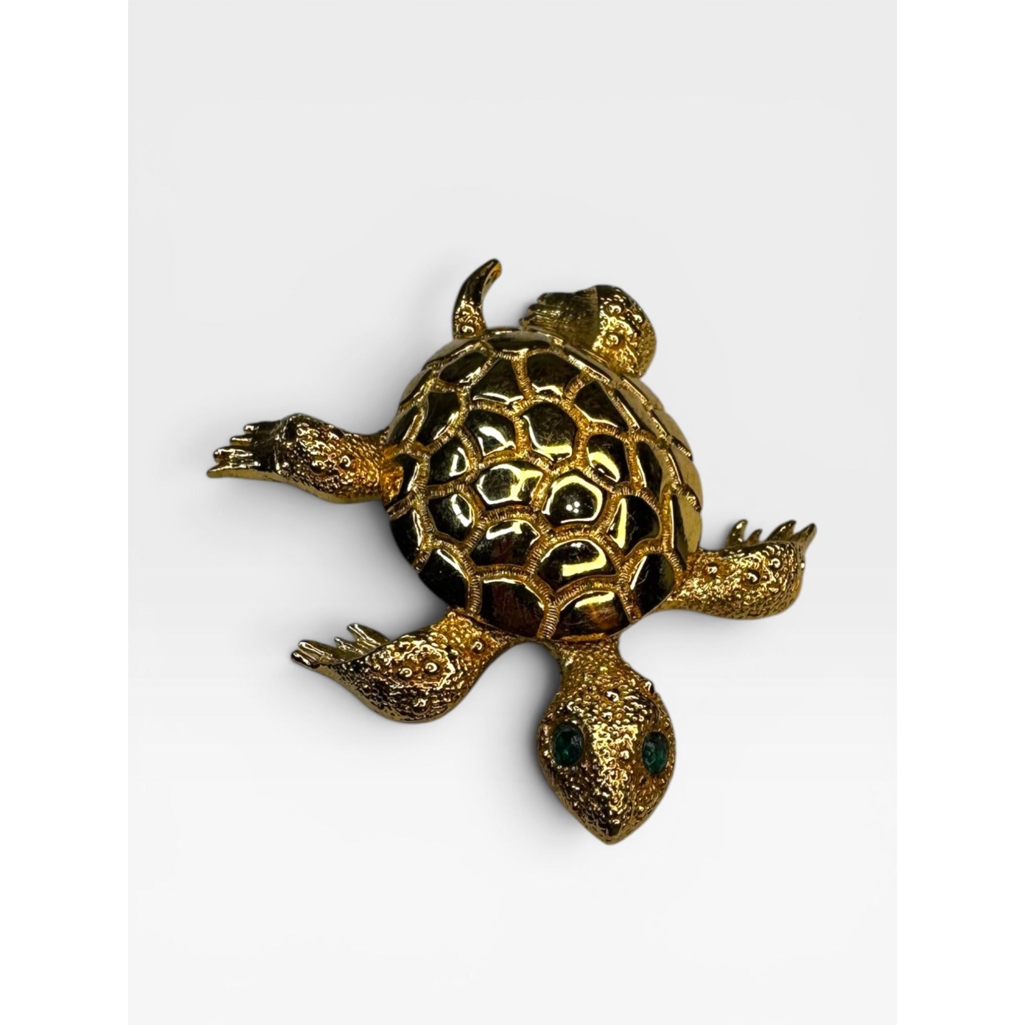 Turtle Brooch Gold Tone Figural Turtle Pin Green Crystal Eyes 1970s