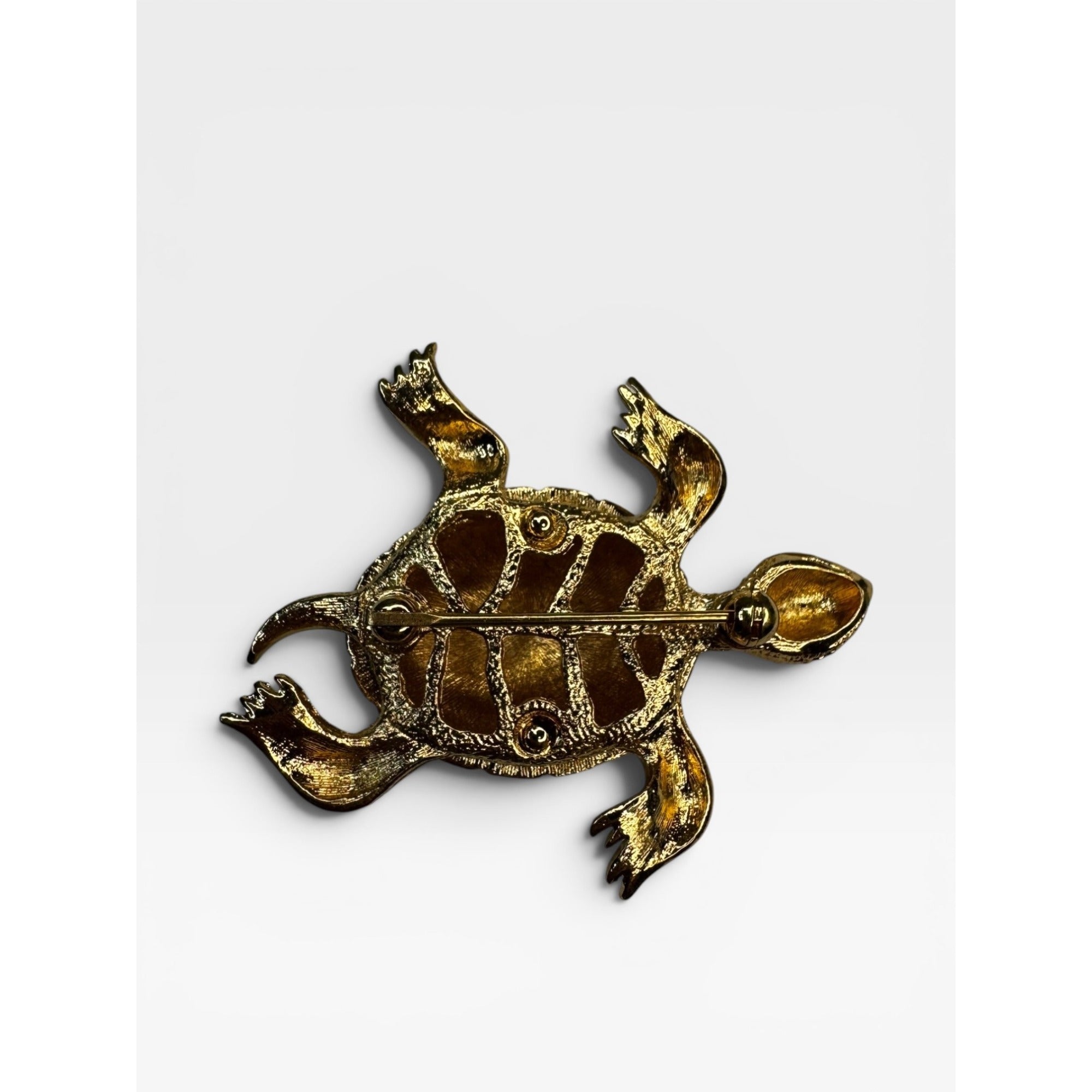 Turtle Brooch Gold Tone Figural Turtle Pin Green Crystal Eyes 1970s