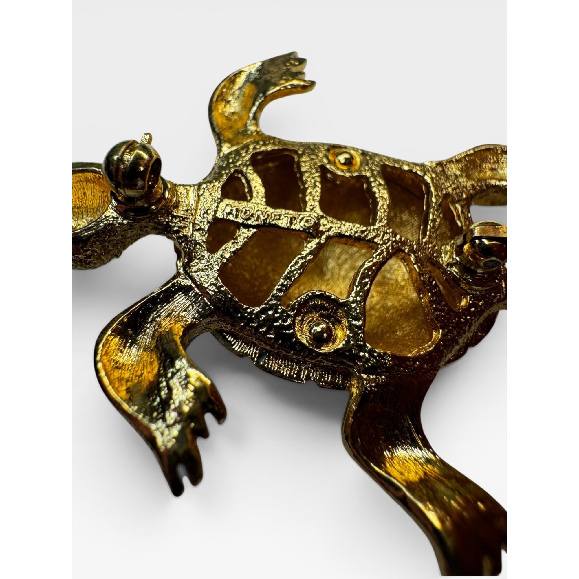 Turtle Brooch Gold Tone Figural Turtle Pin Green Crystal Eyes 1970s