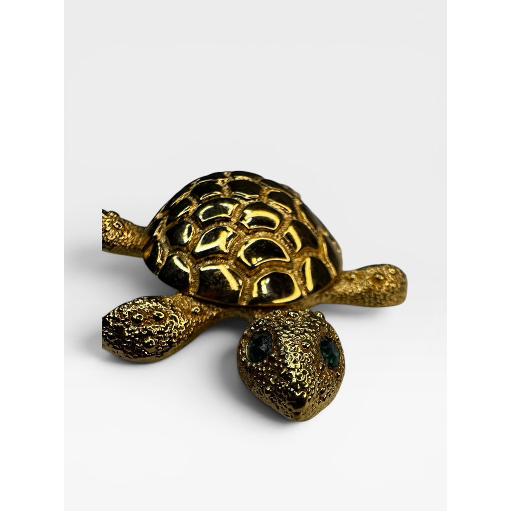 Turtle Brooch Gold Tone Figural Turtle Pin Green Crystal Eyes 1970s