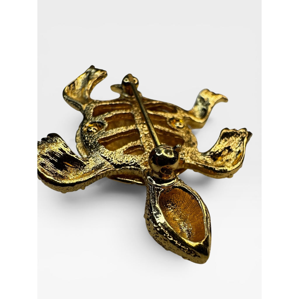 Turtle Brooch Gold Tone Figural Turtle Pin Green Crystal Eyes 1970s