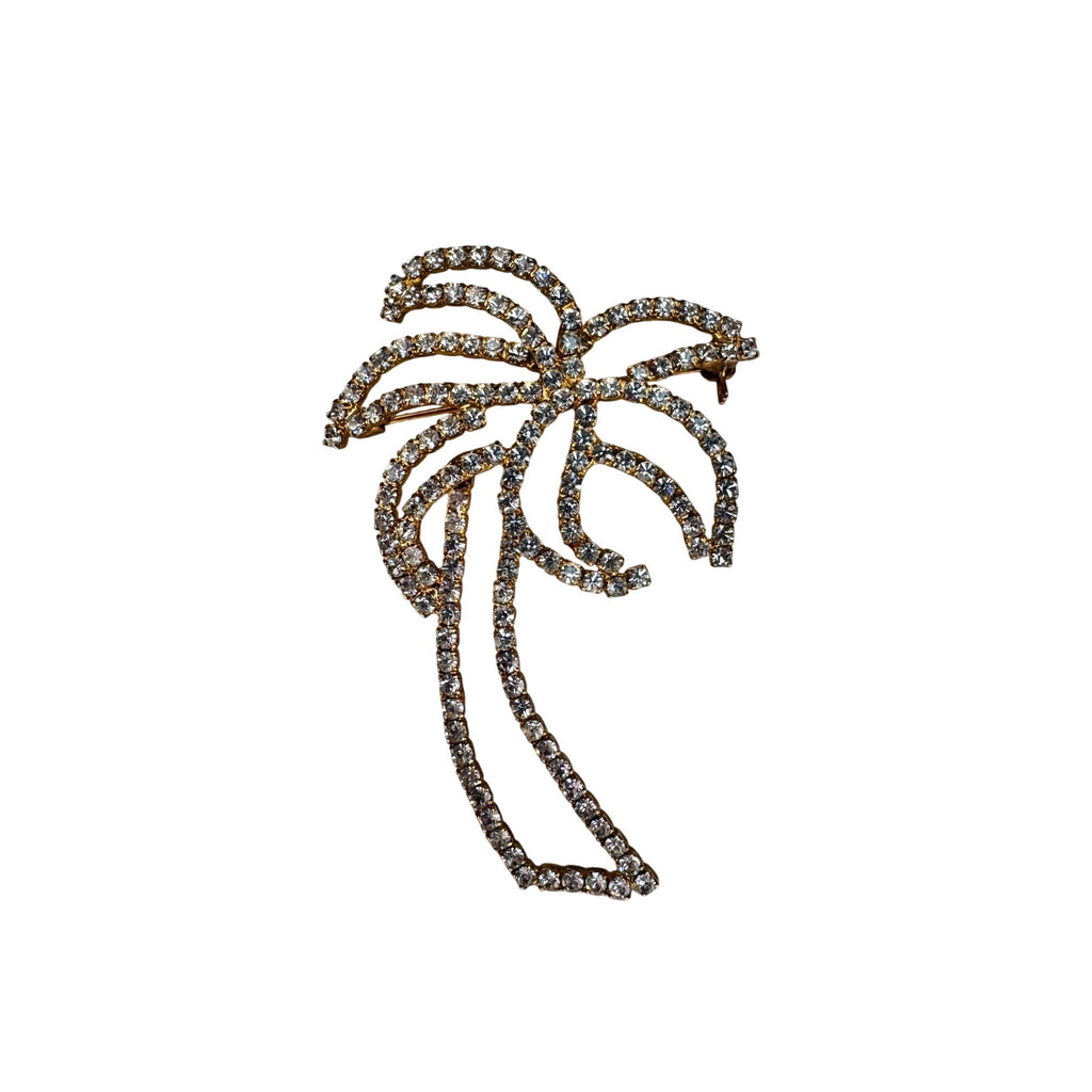 Palm Tree Brooch Gold Tone Crystal Rhinestone Figural 1980s Vintage