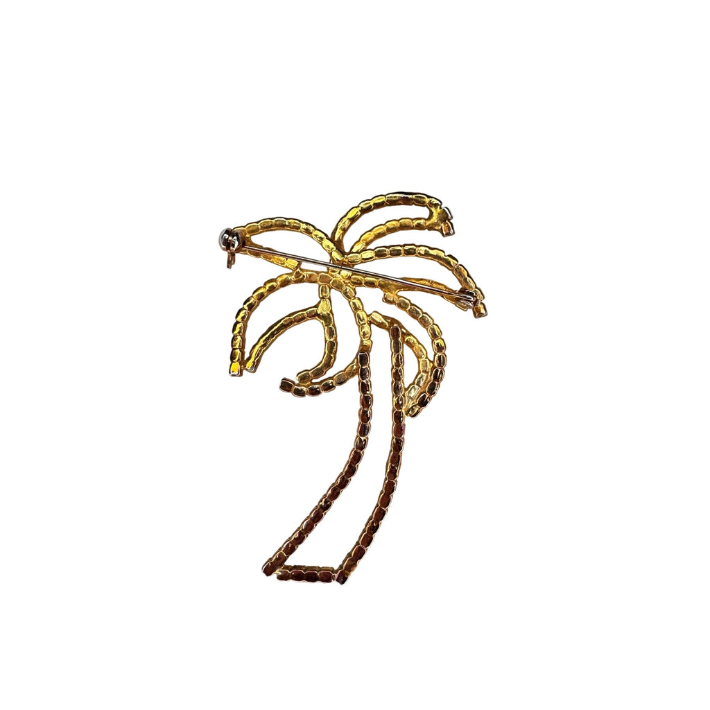 Palm Tree Brooch Gold Tone Crystal Rhinestone Figural 1980s Vintage