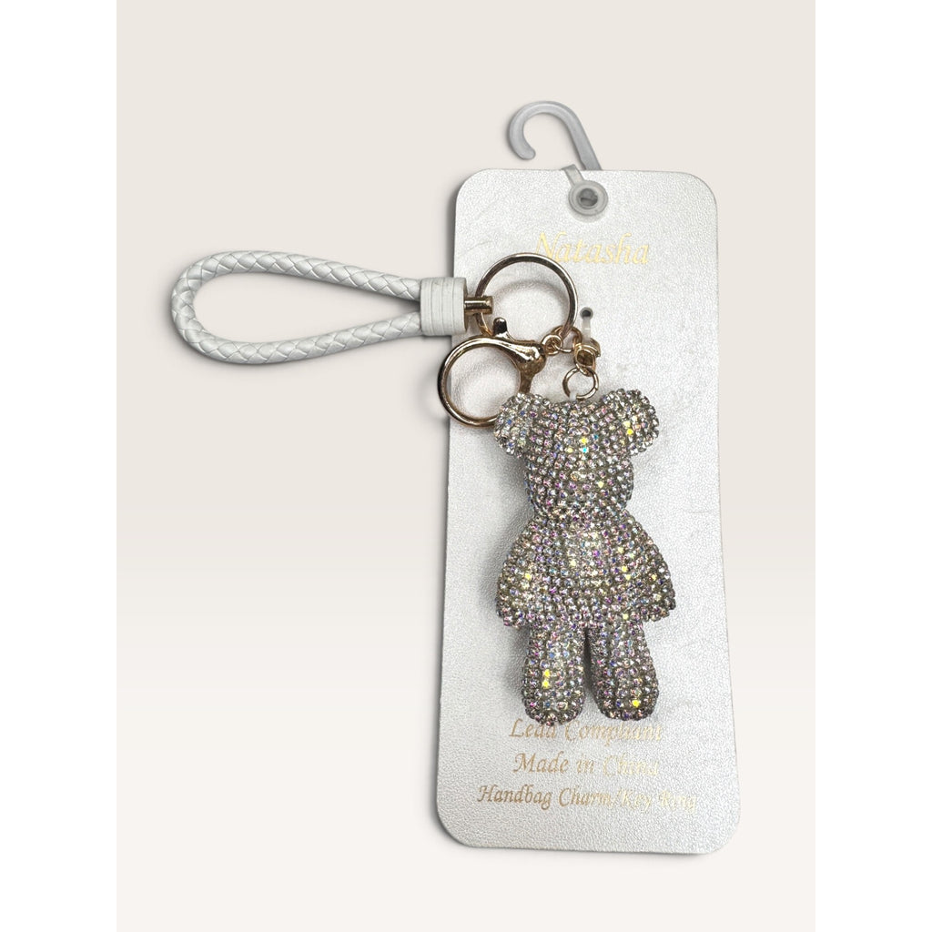 Natasha Rhinestone Teddy Bear Bag Charm Keychain New With Tags Silver White