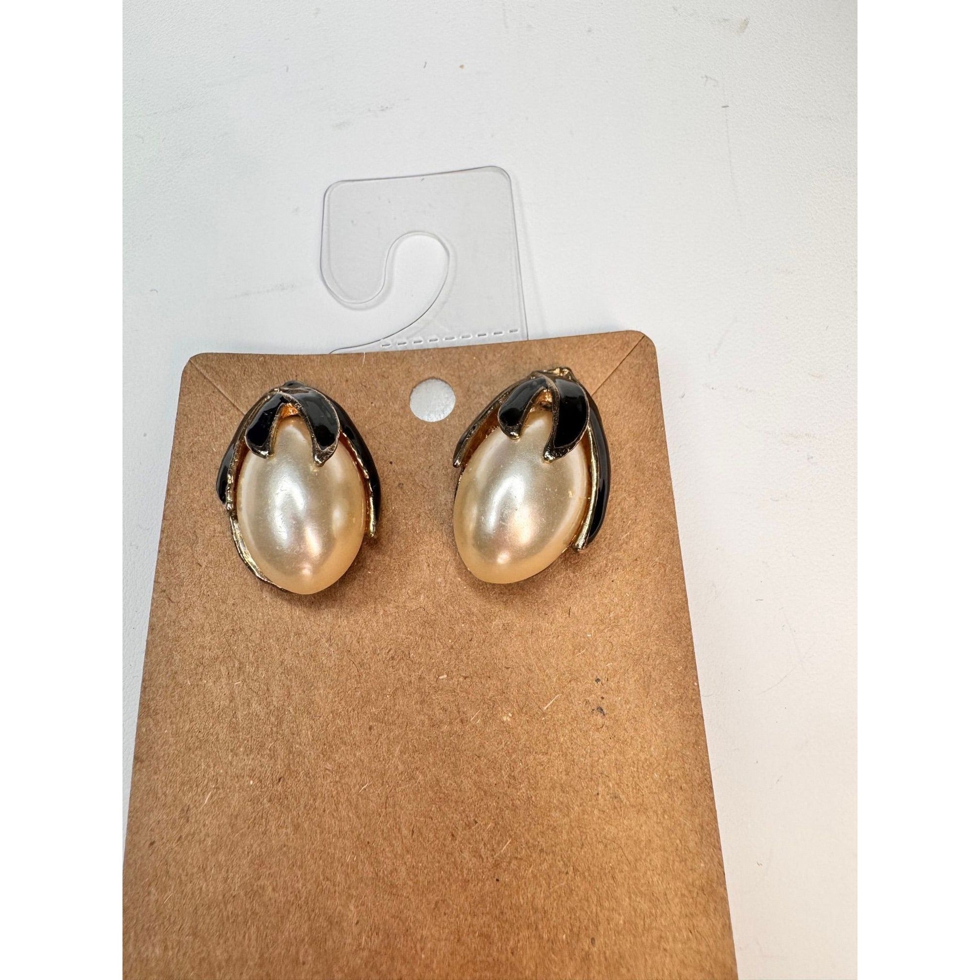 white faux pearl black enamel gold tone clip on earrings