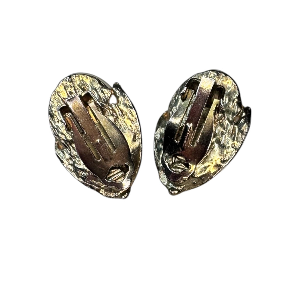 white faux pearl black enamel gold tone clip on earrings