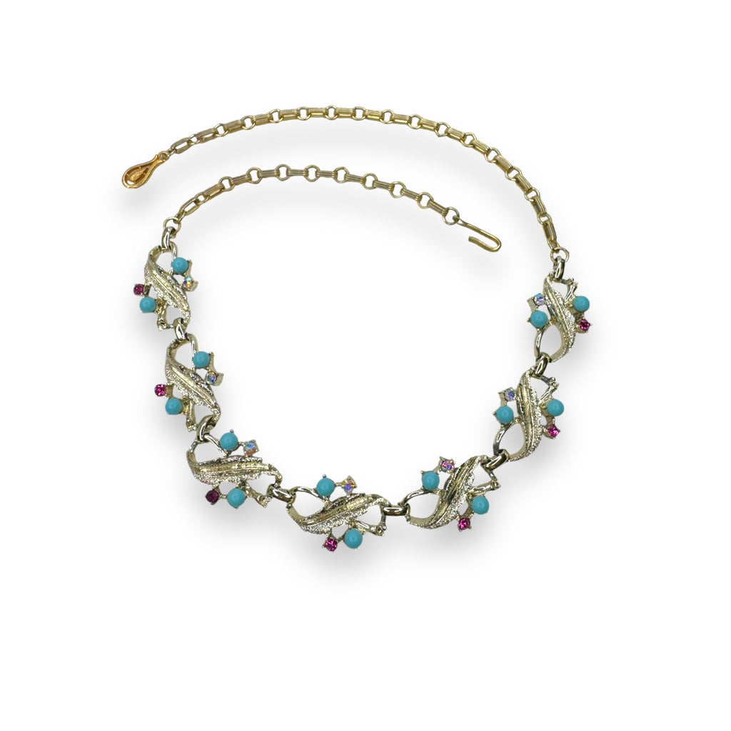 Gold-Tone Necklace Pink AB Crystals Teal Acrylic Beads 12.25"-18" Vintage