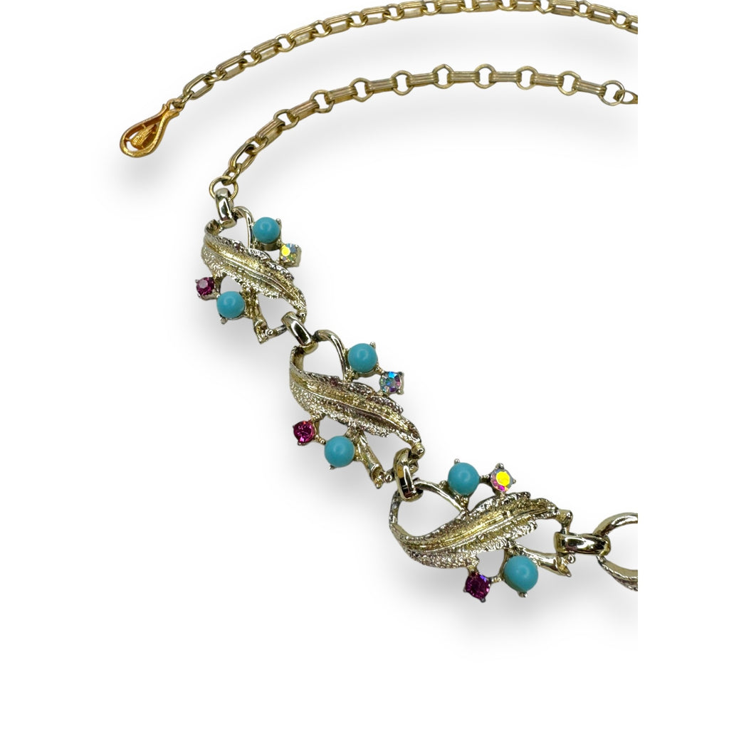 Gold-Tone Necklace Pink AB Crystals Teal Acrylic Beads 12.25"-18" Vintage