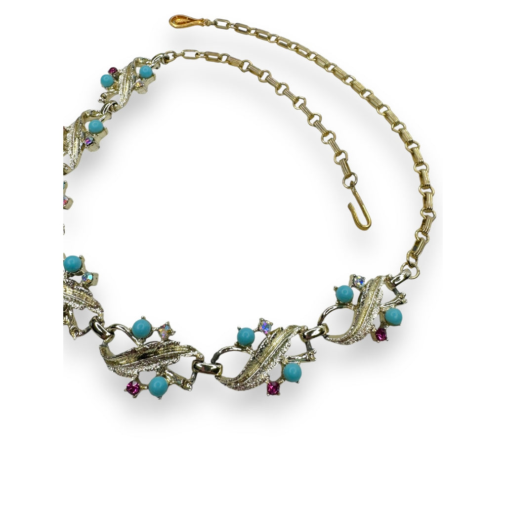 Gold-Tone Necklace Pink AB Crystals Teal Acrylic Beads 12.25"-18" Vintage