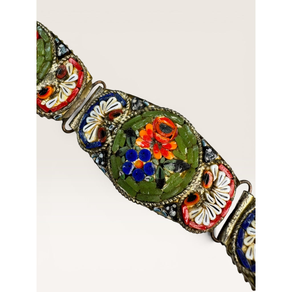 Italian Micro Mosaic Floral Link Bracelet Brass Made in Italy 7" Vintage