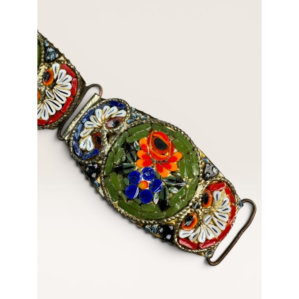 Italian Micro Mosaic Floral Link Bracelet Brass Made in Italy 7" Vintage