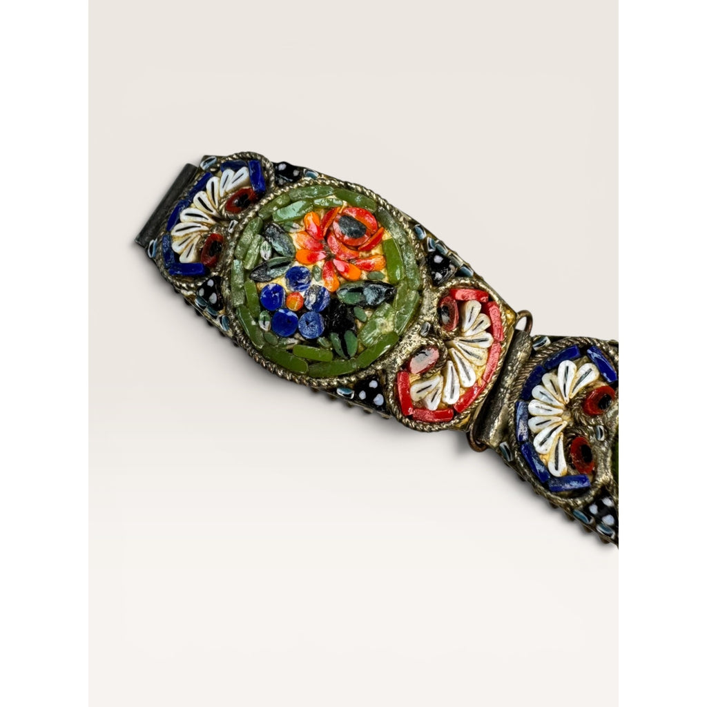 Italian Micro Mosaic Floral Link Bracelet Brass Made in Italy 7" Vintage