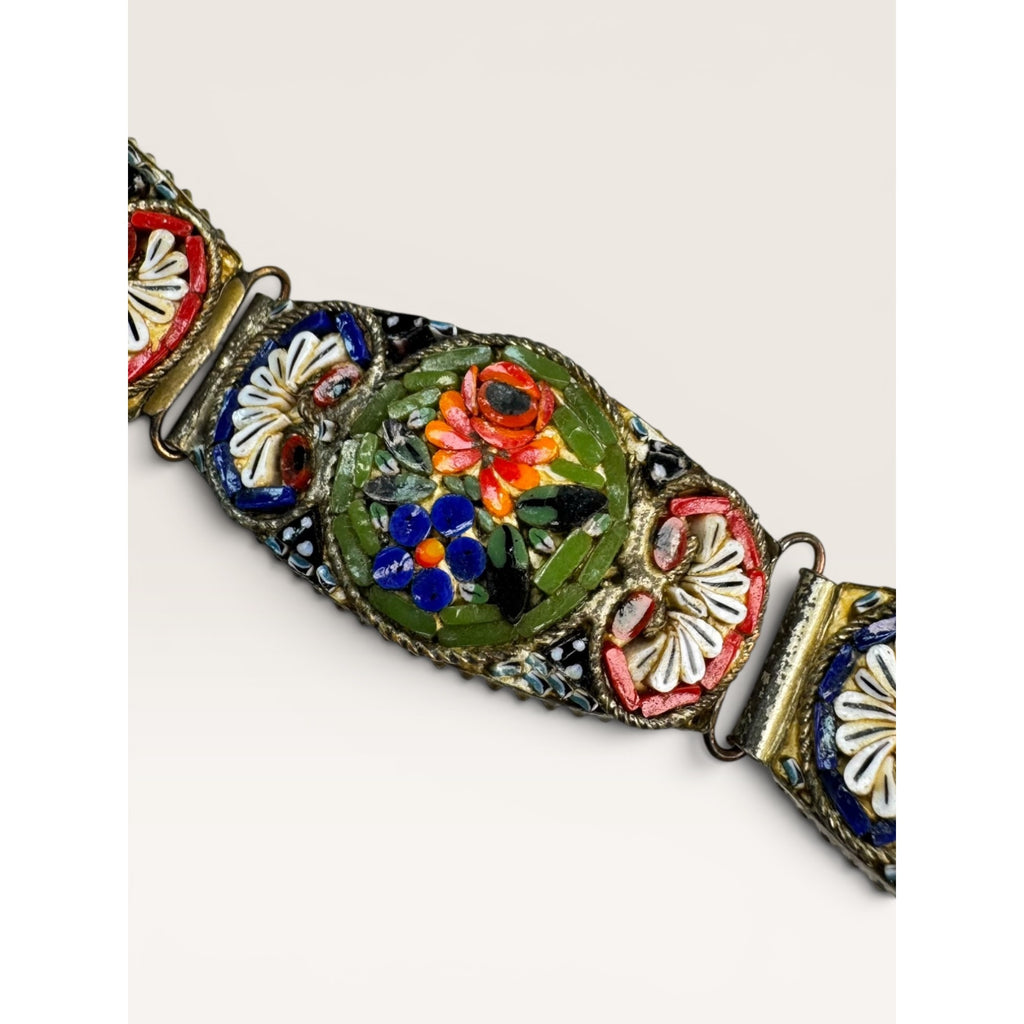 Italian Micro Mosaic Floral Link Bracelet Brass Made in Italy 7" Vintage
