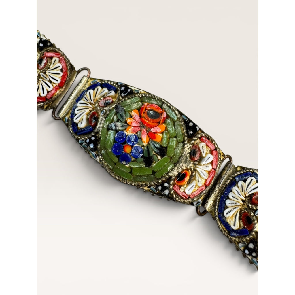 Italian Micro Mosaic Floral Link Bracelet Brass Made in Italy 7" Vintage