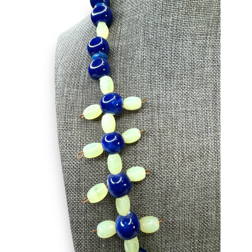 Vintage Green Uranium Glowing Glass Blue Ceramic Bead Necklace 21.5” Hook Clasp
