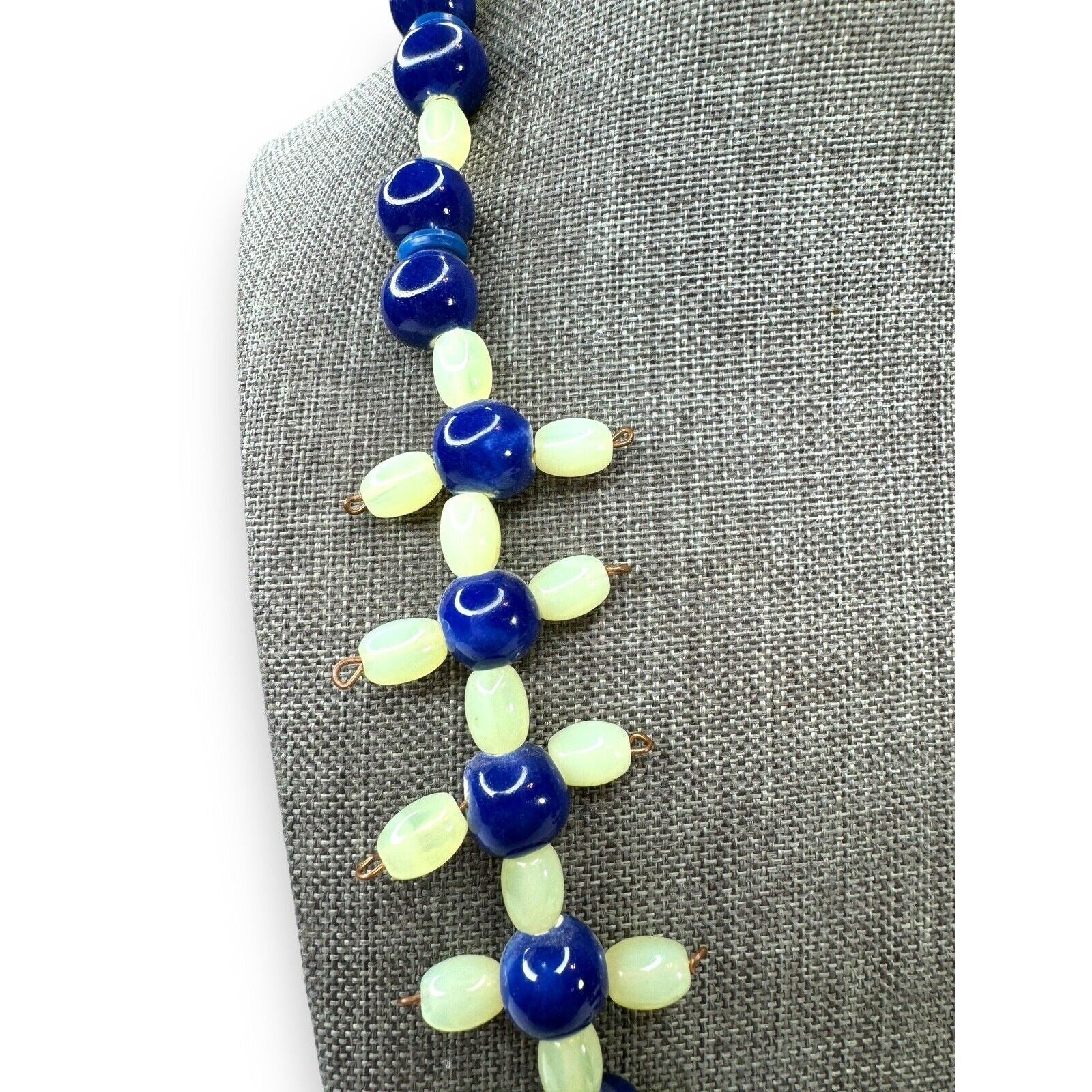 Vintage Green Uranium Glowing Glass Blue Ceramic Bead Necklace 21.5” Hook Clasp