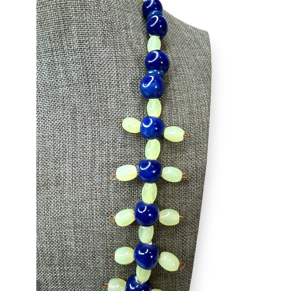 Vintage Green Uranium Glowing Glass Blue Ceramic Bead Necklace 21.5” Hook Clasp