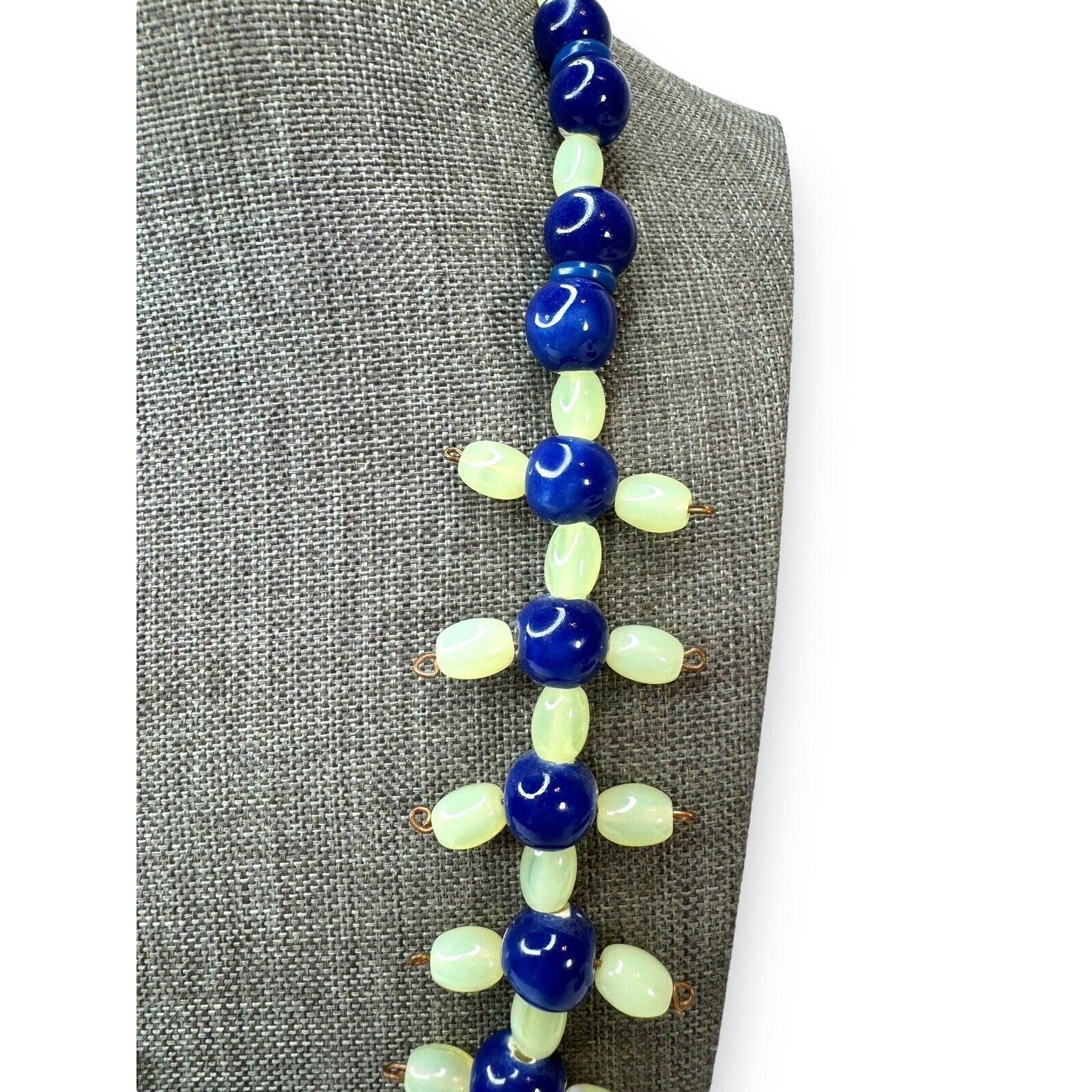 Vintage Green Uranium Glowing Glass Blue Ceramic Bead Necklace 21.5” Hook Clasp