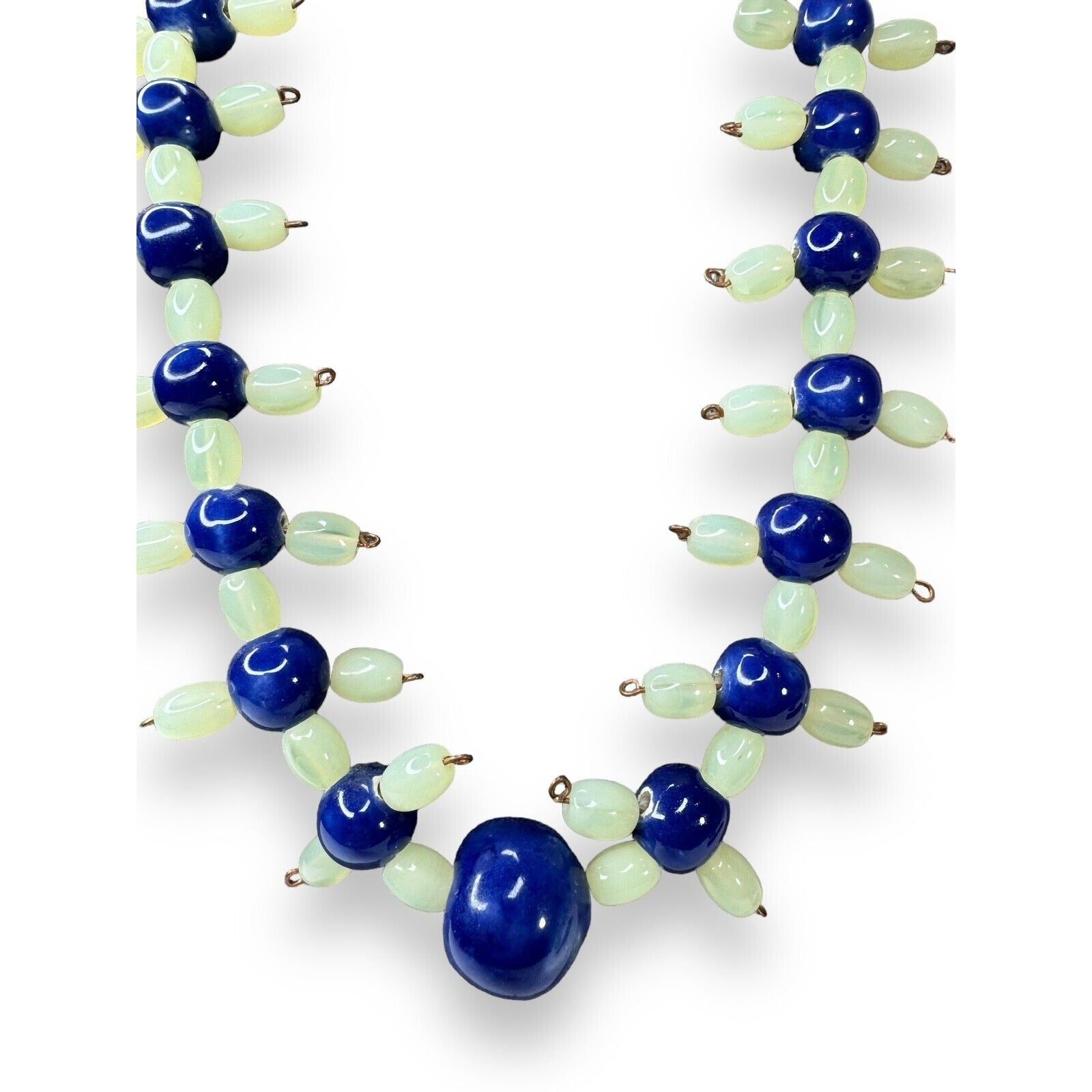 Vintage Green Uranium Glowing Glass Blue Ceramic Bead Necklace 21.5” Hook Clasp