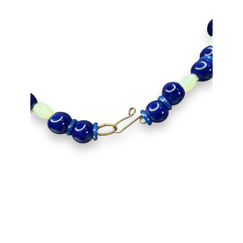 Vintage Green Uranium Glowing Glass Blue Ceramic Bead Necklace 21.5” Hook Clasp