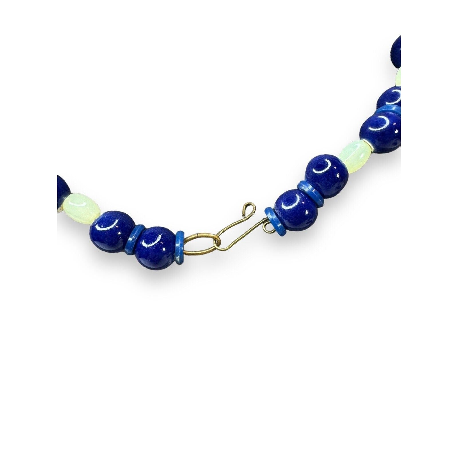 Vintage Green Uranium Glowing Glass Blue Ceramic Bead Necklace 21.5” Hook Clasp