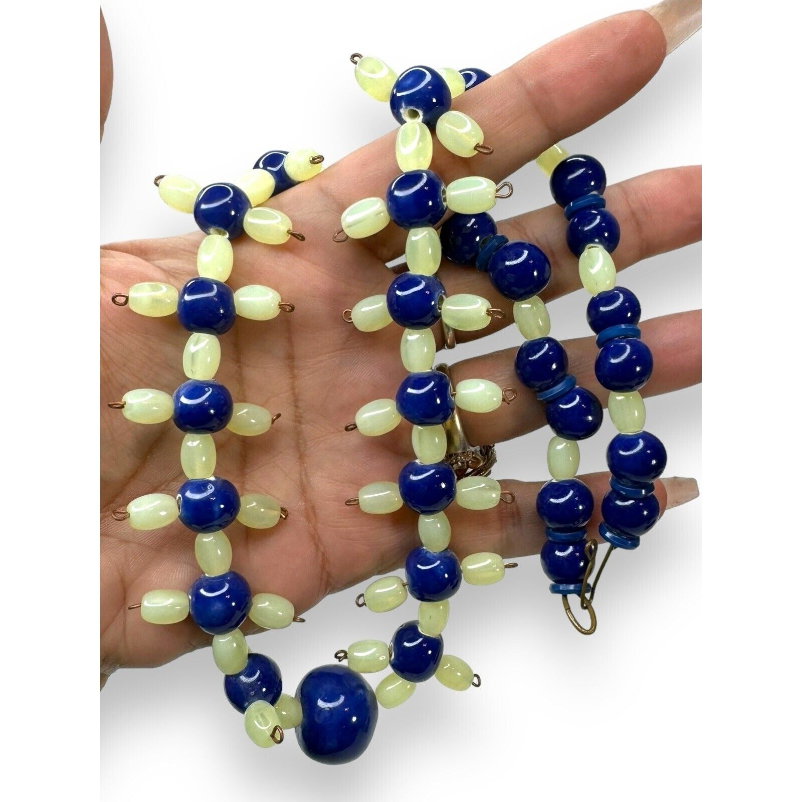 Vintage Green Uranium Glowing Glass Blue Ceramic Bead Necklace 21.5” Hook Clasp