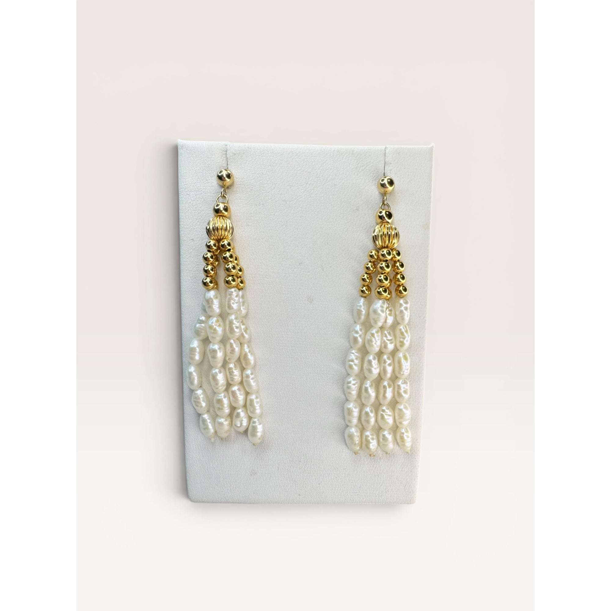 14K Gold Freshwater Cultured Pearl Tassel Dangle Earrings Vintage