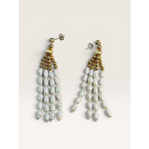 14K Gold Freshwater Cultured Pearl Tassel Dangle Earrings Vintage