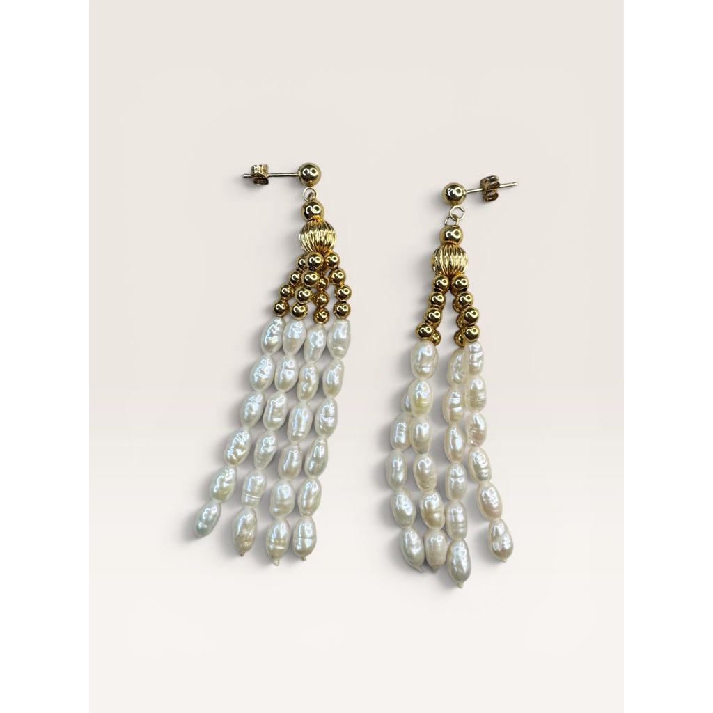 14K Gold Freshwater Cultured Pearl Tassel Dangle Earrings Vintage