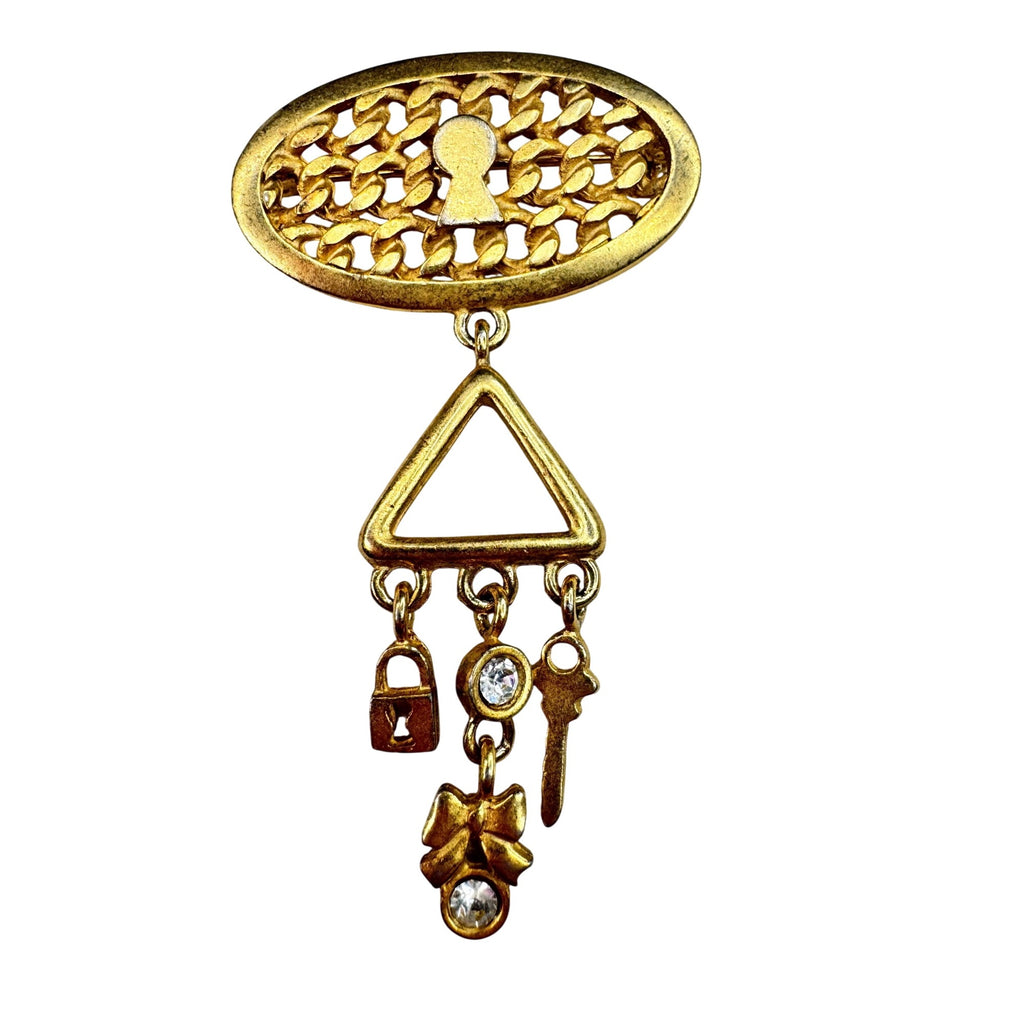 Unsigned Keyhole Brooch Gold Tone Dangling Key Lock Bow Charms 1980s Vintage