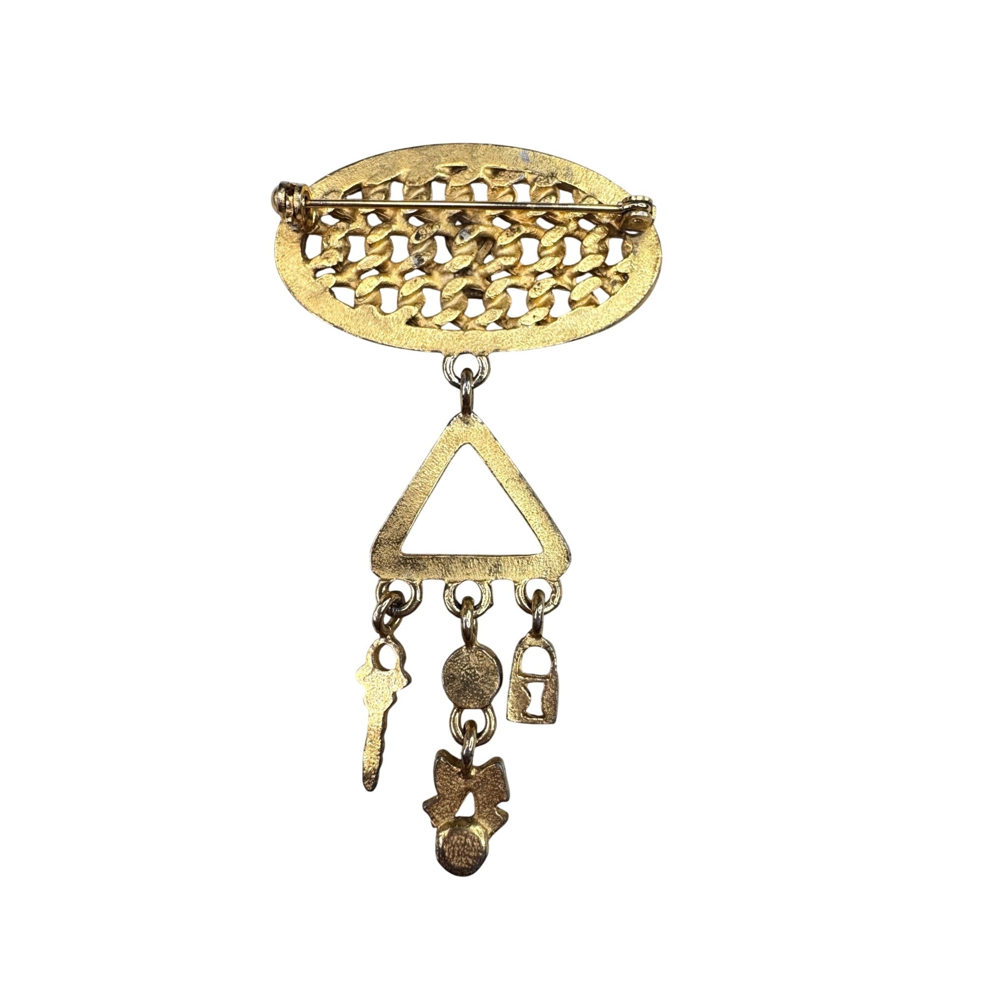 Unsigned Keyhole Brooch Gold Tone Dangling Key Lock Bow Charms 1980s Vintage