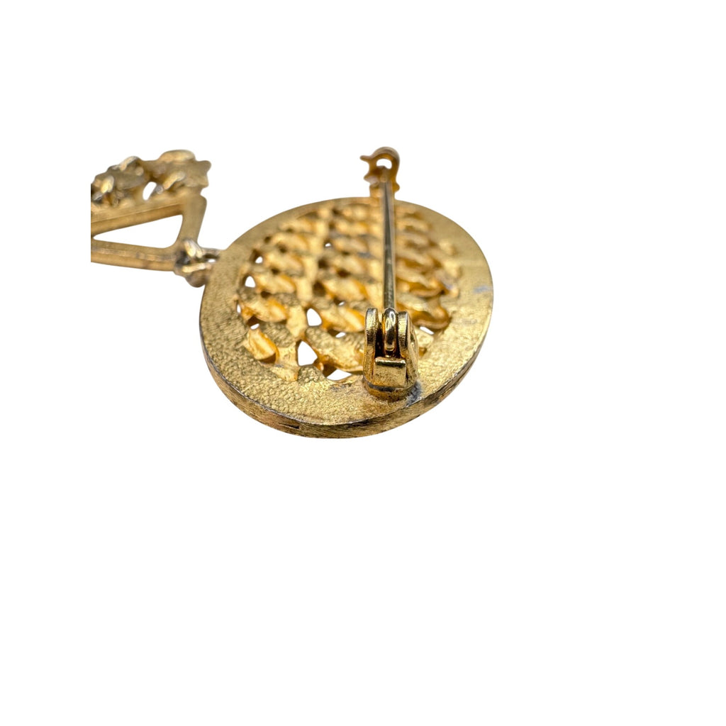 Unsigned Keyhole Brooch Gold Tone Dangling Key Lock Bow Charms 1980s Vintage