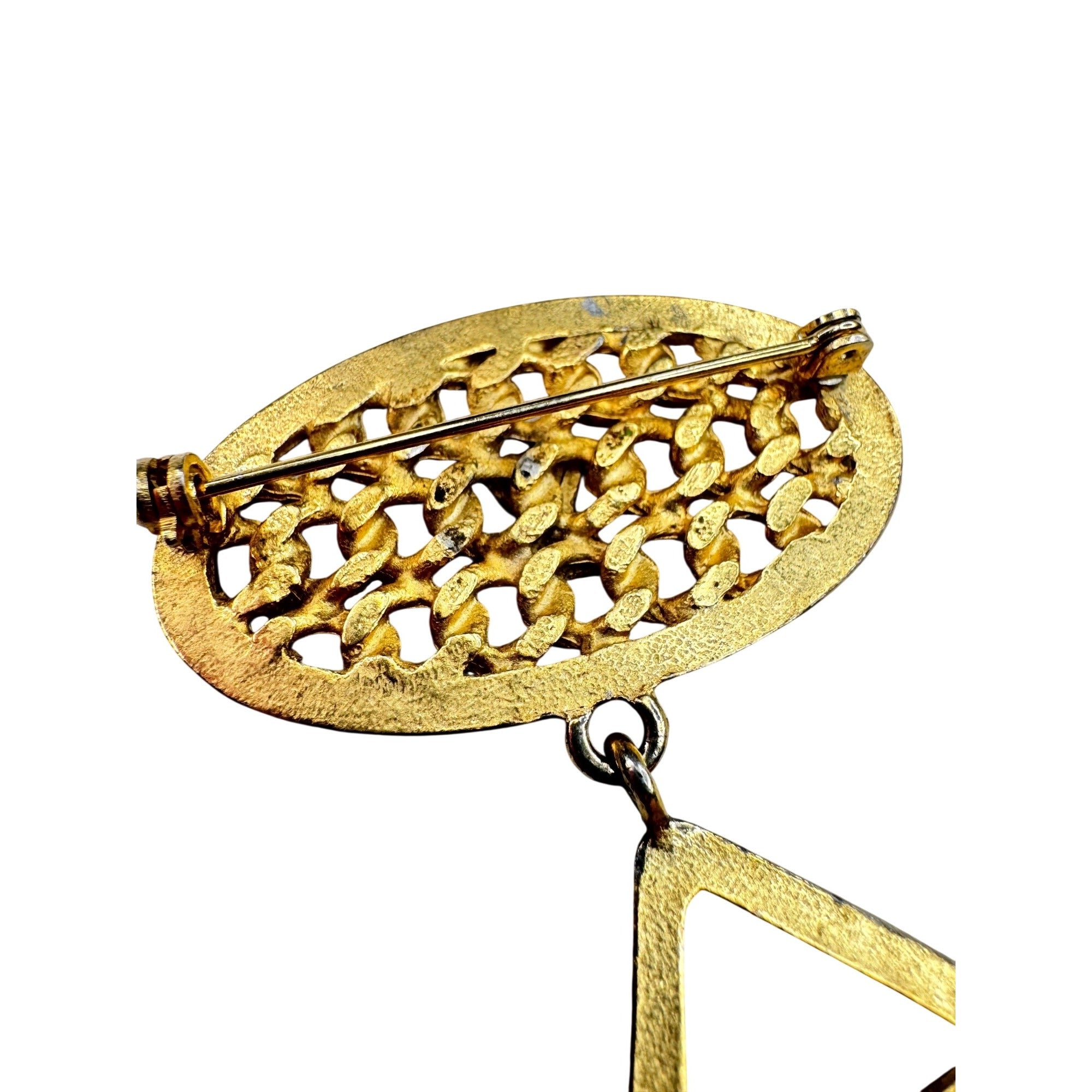 Unsigned Keyhole Brooch Gold Tone Dangling Key Lock Bow Charms 1980s Vintage