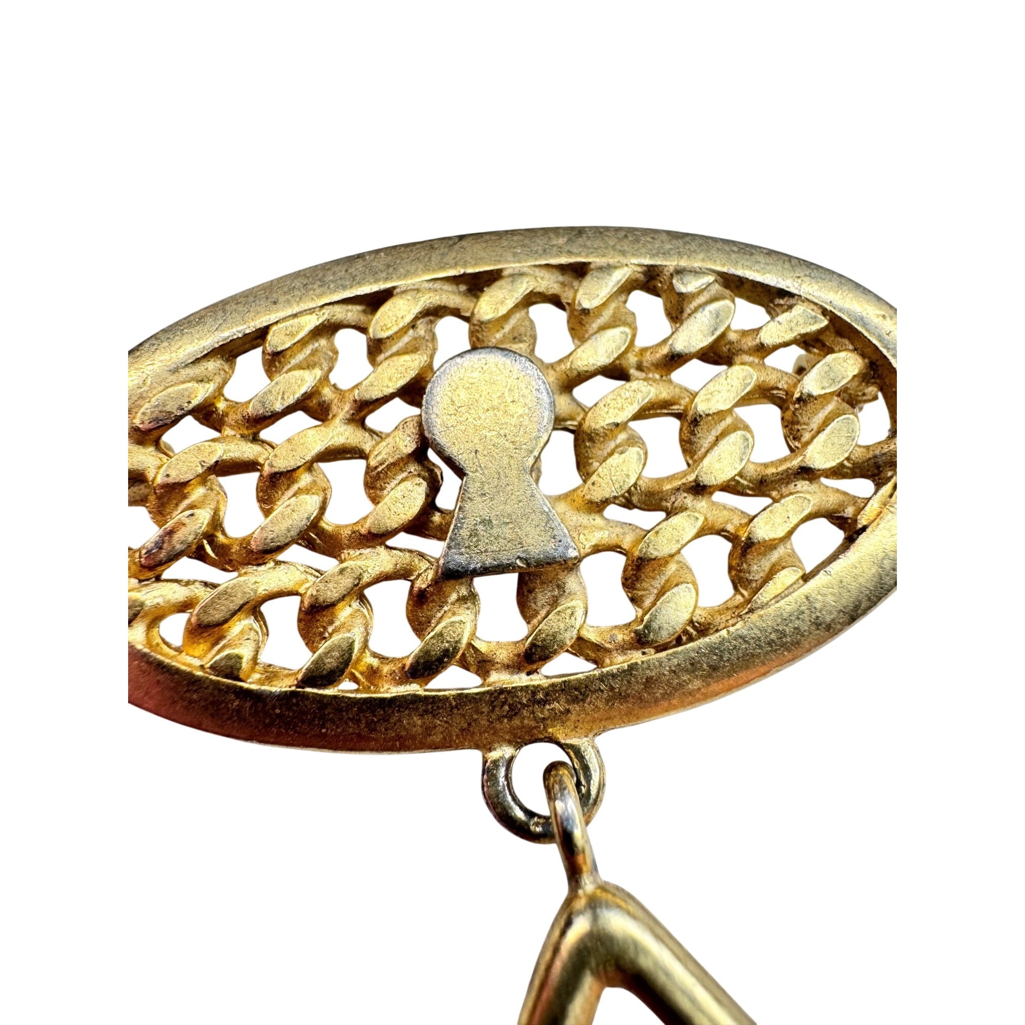 Unsigned Keyhole Brooch Gold Tone Dangling Key Lock Bow Charms 1980s Vintage