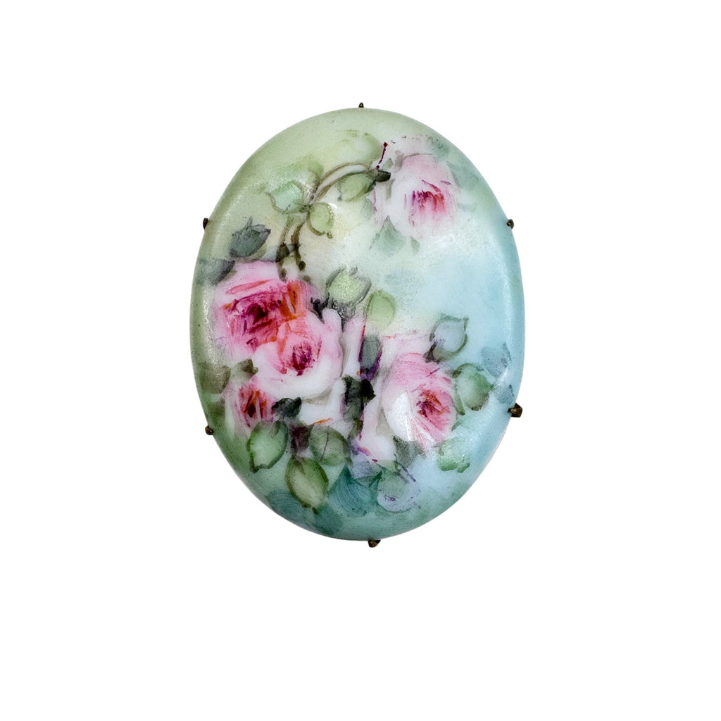 Victorian Antique Unsigned Porcelain Brooch Hand Painted Roses Brass