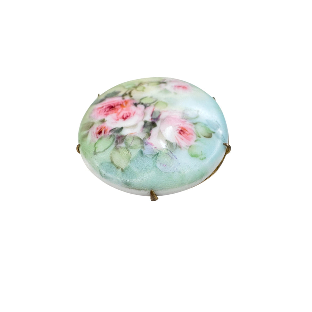 Victorian Antique Unsigned Porcelain Brooch Hand Painted Roses Brass