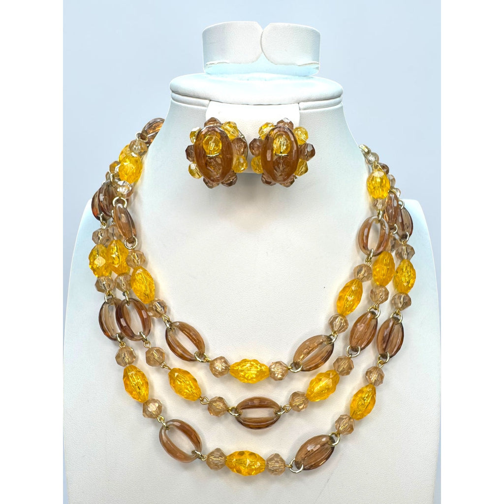 West Germany Amber Yellow Acrylic Beaded Necklace Earrings Set 1960s Vintage
