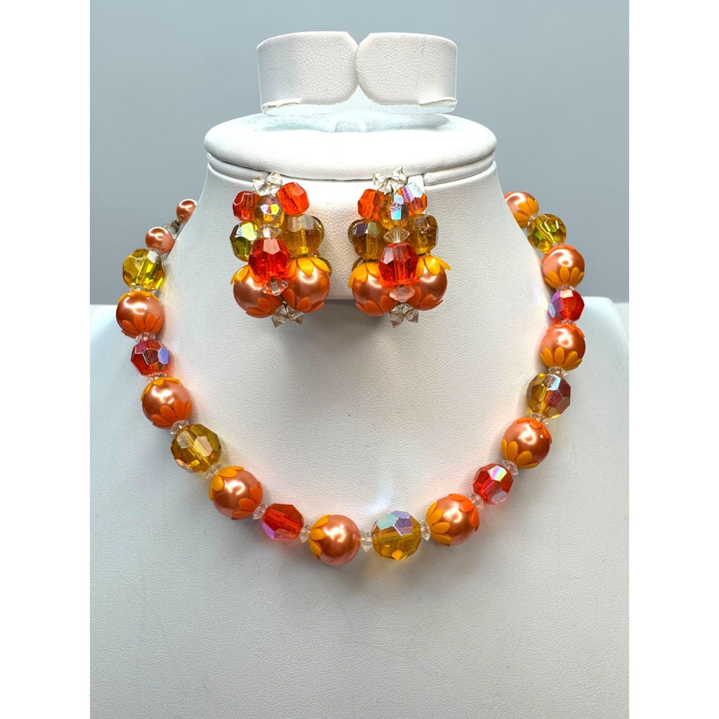 Necklace Earrings Set Orange Faux Pearl Crystal Cluster Beaded Vintage 1960s