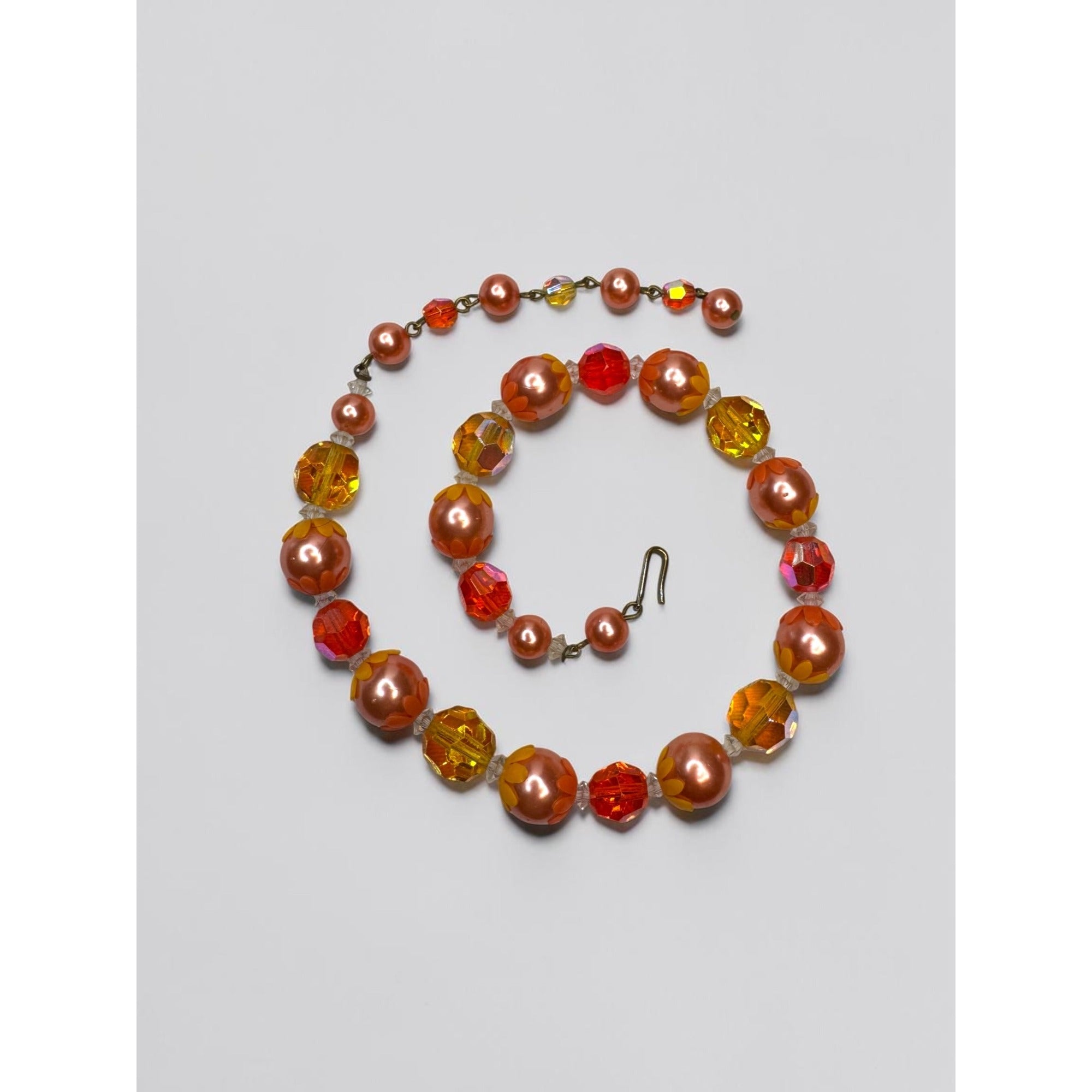 Necklace Earrings Set Orange Faux Pearl Crystal Cluster Beaded Vintage 1960s
