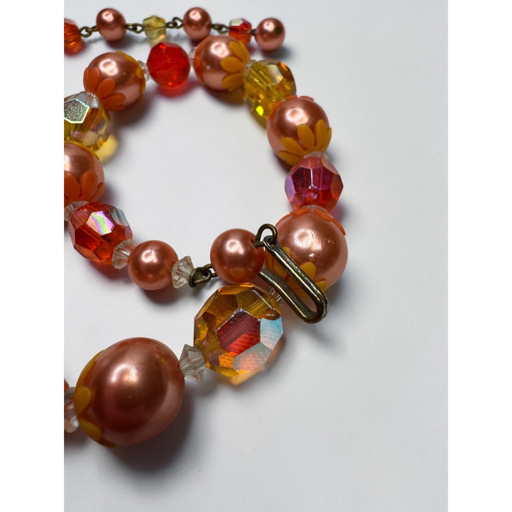 Necklace Earrings Set Orange Faux Pearl Crystal Cluster Beaded Vintage 1960s
