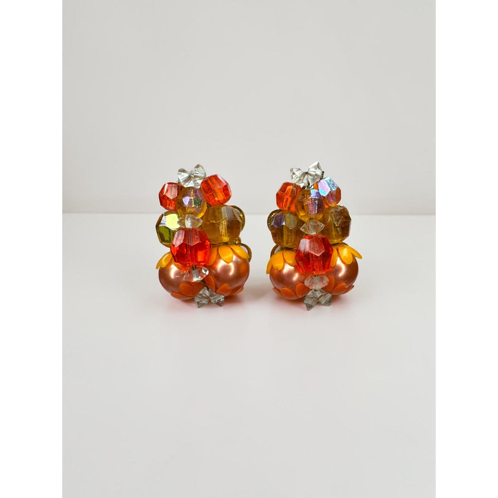 Necklace Earrings Set Orange Faux Pearl Crystal Cluster Beaded Vintage 1960s