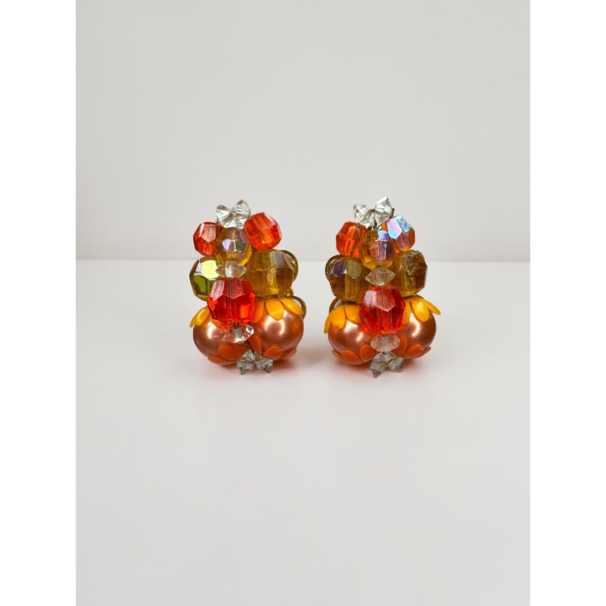 Necklace Earrings Set Orange Faux Pearl Crystal Cluster Beaded Vintage 1960s