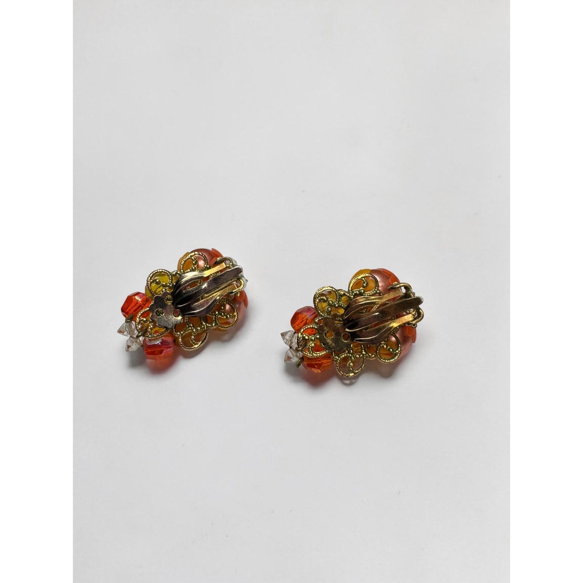 Necklace Earrings Set Orange Faux Pearl Crystal Cluster Beaded Vintage 1960s