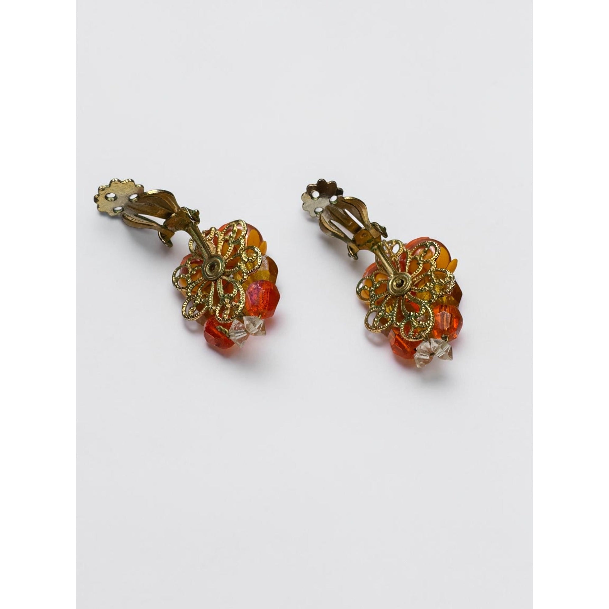 Necklace Earrings Set Orange Faux Pearl Crystal Cluster Beaded Vintage 1960s