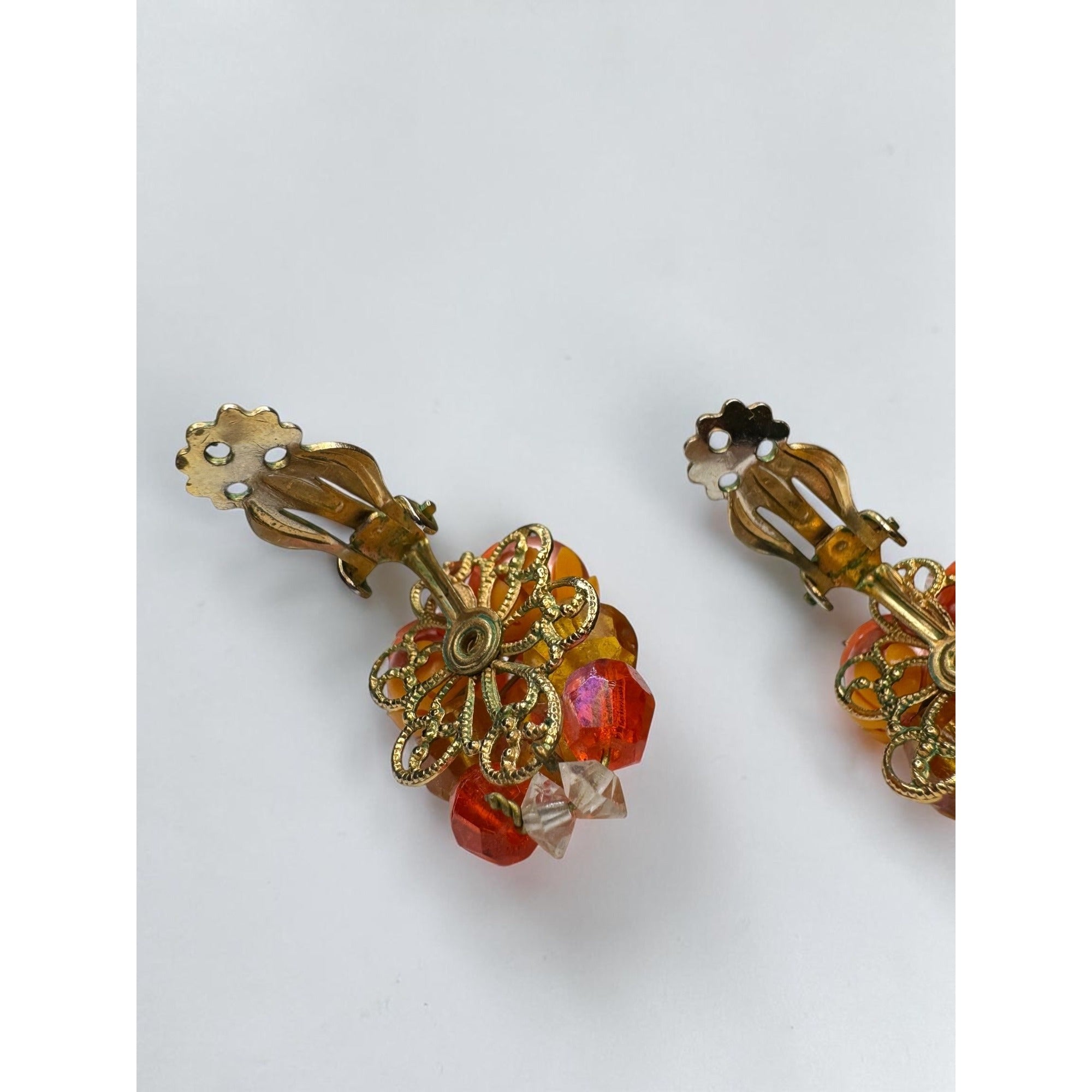 Necklace Earrings Set Orange Faux Pearl Crystal Cluster Beaded Vintage 1960s