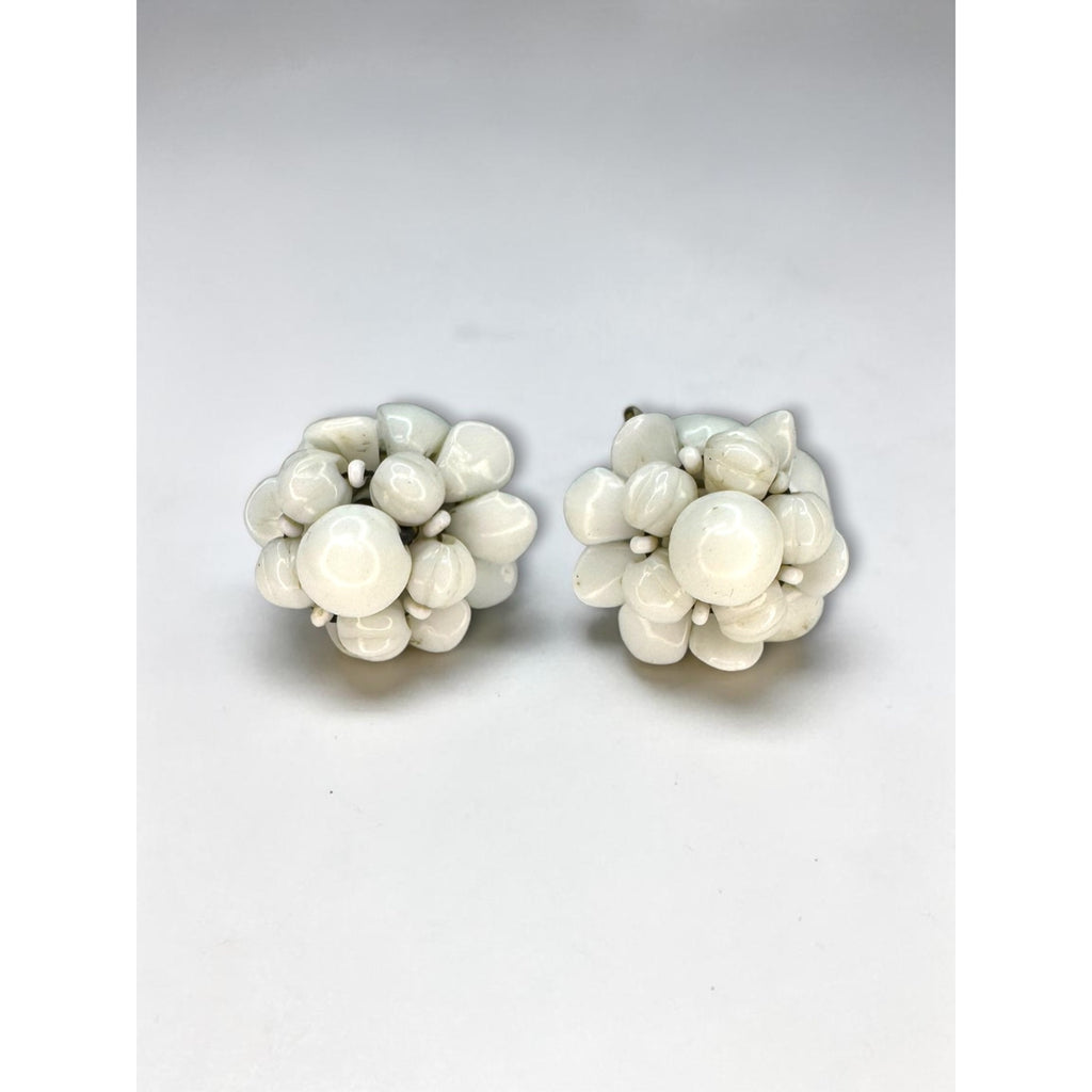 Czechoslovakia Milk Glass Cluster Screw Back Earrings White Floral 1950s Vintage