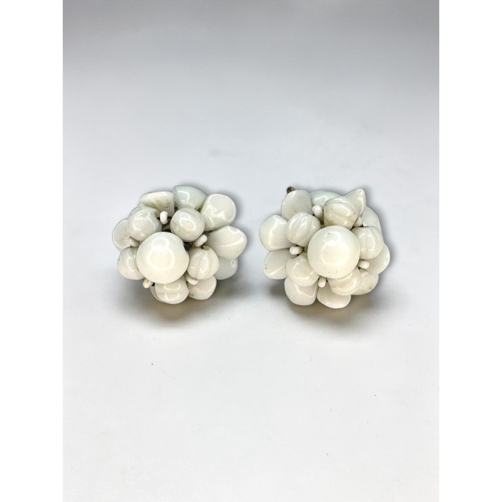 Czechoslovakia Milk Glass Cluster Screw Back Earrings White Floral 1950s Vintage