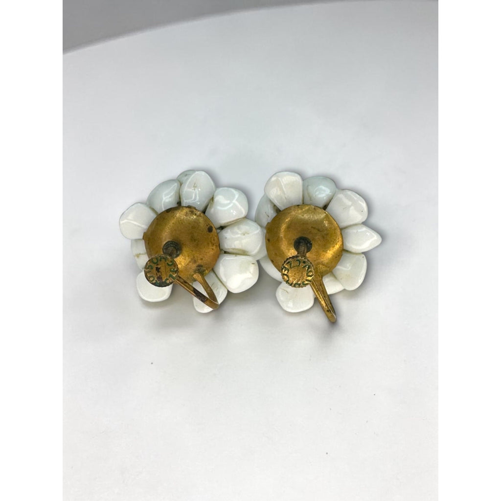 Czechoslovakia Milk Glass Cluster Screw Back Earrings White Floral 1950s Vintage