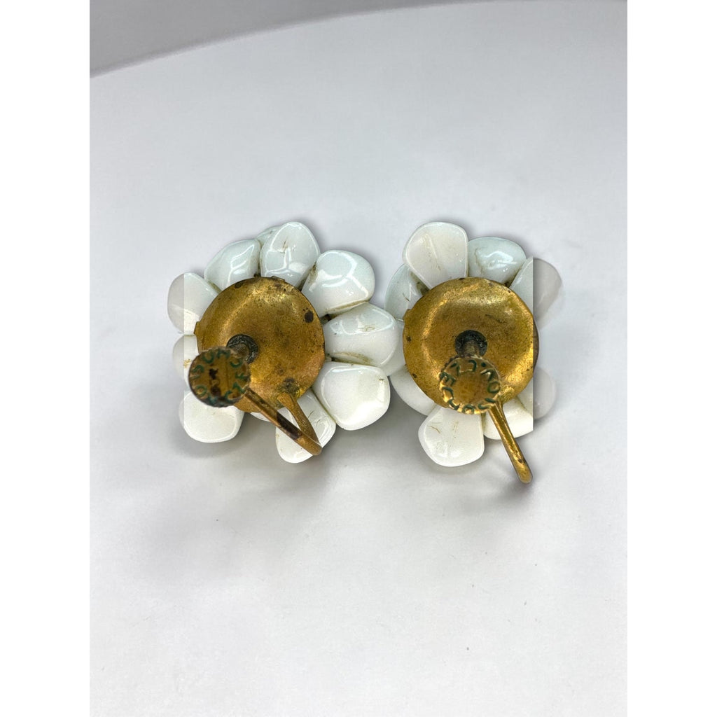 Czechoslovakia Milk Glass Cluster Screw Back Earrings White Floral 1950s Vintage