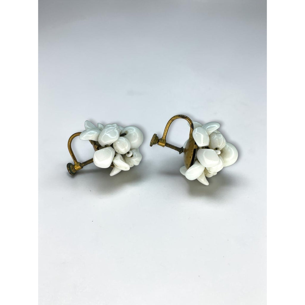 Czechoslovakia Milk Glass Cluster Screw Back Earrings White Floral 1950s Vintage